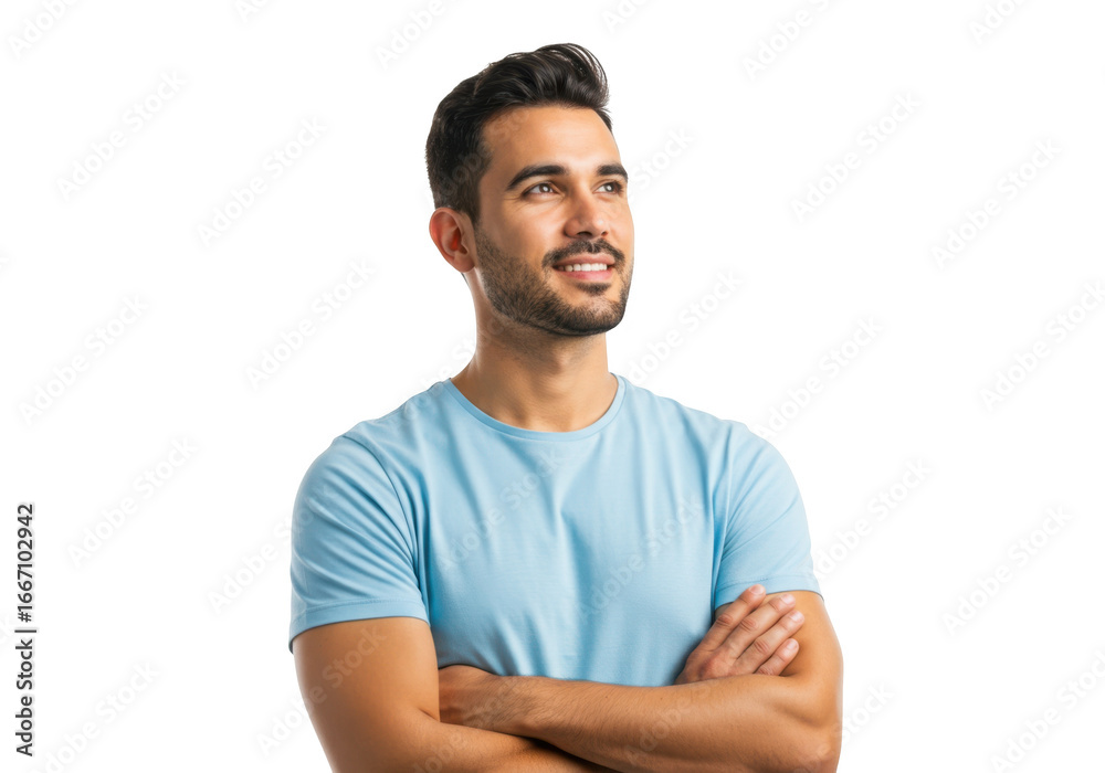 Obraz premium A confident young man with crossed arms and a slight smile looking upwards isolated on transparent background