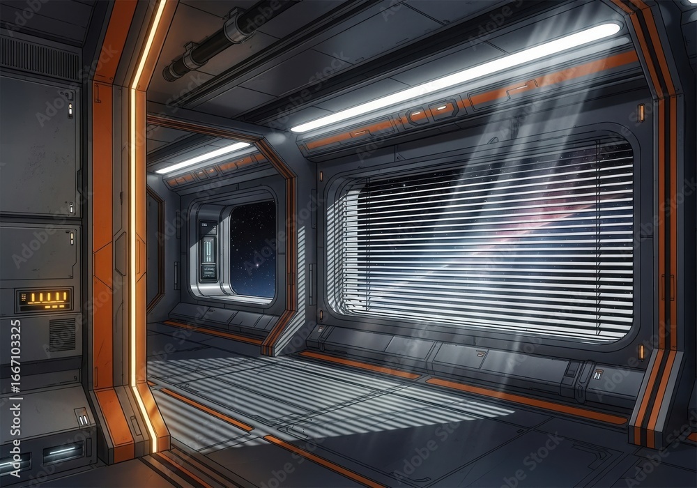 Fototapeta premium Futuristic spaceship corridor interior with science fiction technology and modern design