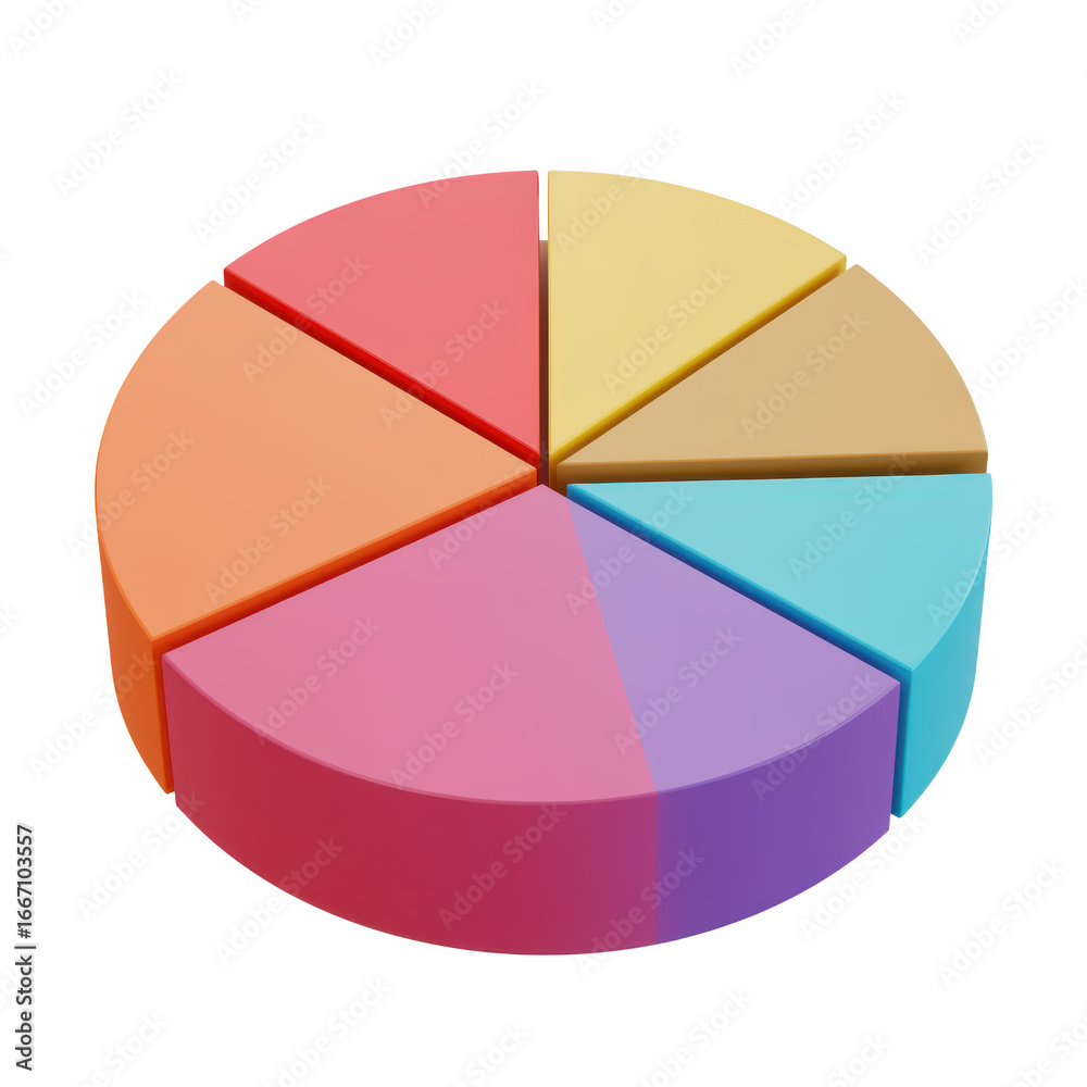 Obraz premium Colorful 3d pie chart divided into segments isolated on transparent background