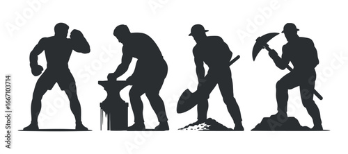 Silhouetted Figures of Laborers and Workers in Various Professions and Trades Performing Manual Tasks