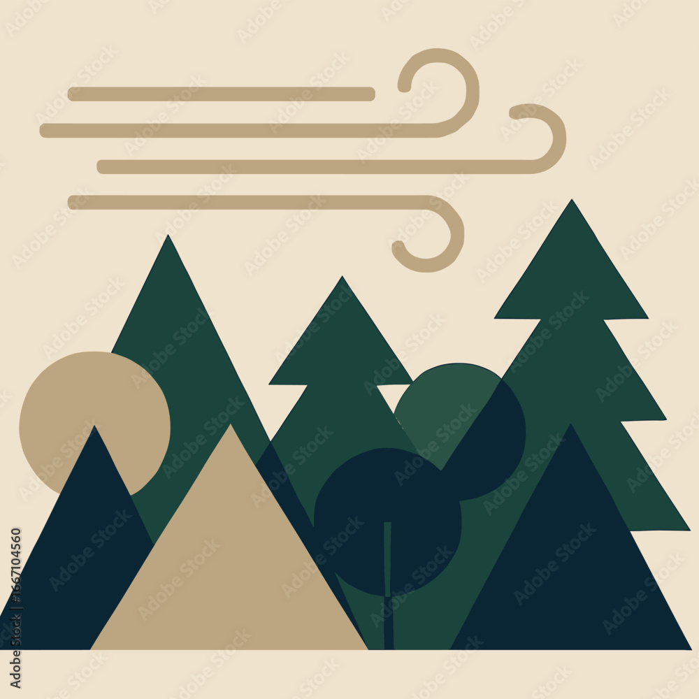 Fototapeta premium Minimalist geometric forest with abstract trees and wind