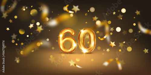 Golden balloon in the shape of the number 60, set against a dark background filled with soft bokeh lights and scattered golden stars and ribbons, creating a festive and celebratory atmosphere.
