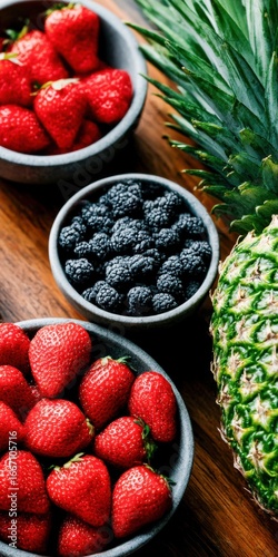 Fresh fruits in bowls on wooden table