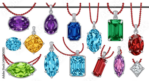 Assortment of gemstone pendants with silver bails and red beaded chains in various shapes and colors