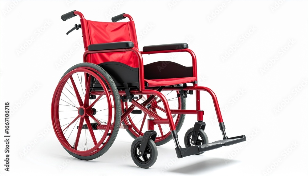 Fototapeta premium A bright red wheelchair isolated on a white background