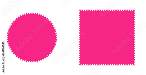 A vibrant pink circle and square pop against black, adorned with delicate white dots.