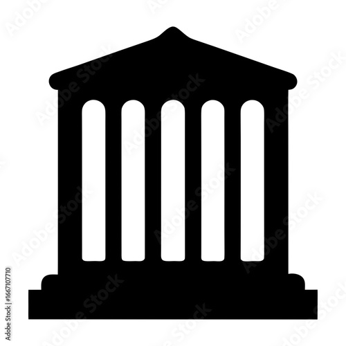 Simple black and white illustration of classical building with columns and roof