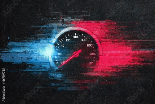Speedometer showing rapid acceleration with blue and red background effects creating a sense of motion