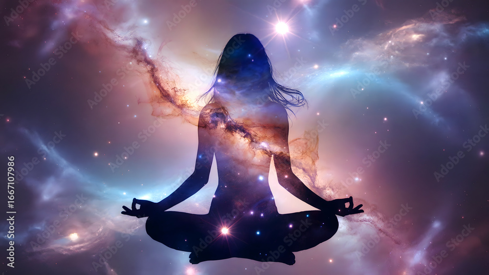 Naklejka premium Meditating woman silhouette with a cosmic galaxy and star overlay for spirituality, mental health, and wellness concepts