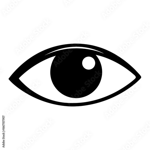 Stylized Black and White Eye Icon with Pupil and Reflection