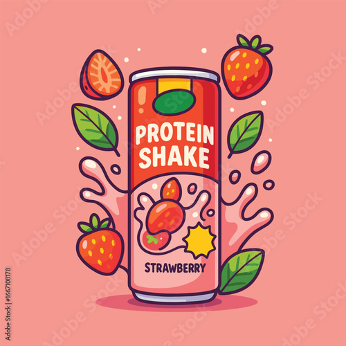 Strawberry protein shake can vector illustration