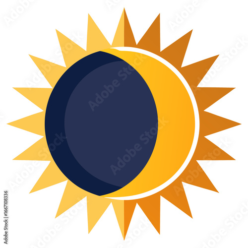 Stylized solar eclipse icon with crescent moon and sun rays