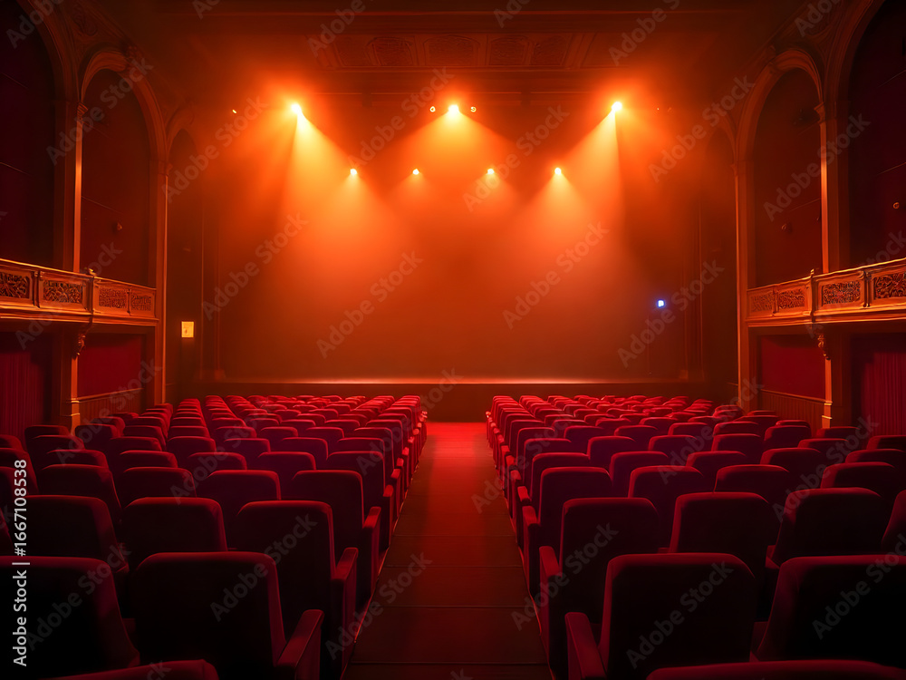 Fototapeta premium Empty Theater with Red Seats and a Lit Stage