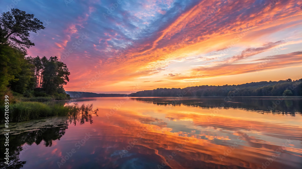 Fototapeta premium Beautiful sunset reflecting on the lake in a scenic landscape