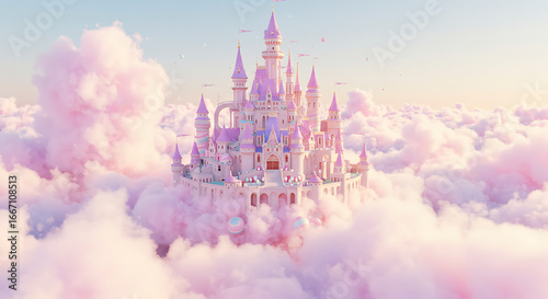 Majestic Pink Castle Floating Among Dreamy Clouds: An Enchanting Vision of Fantasy and Architectural Marvel, Set Against a Serene Sky