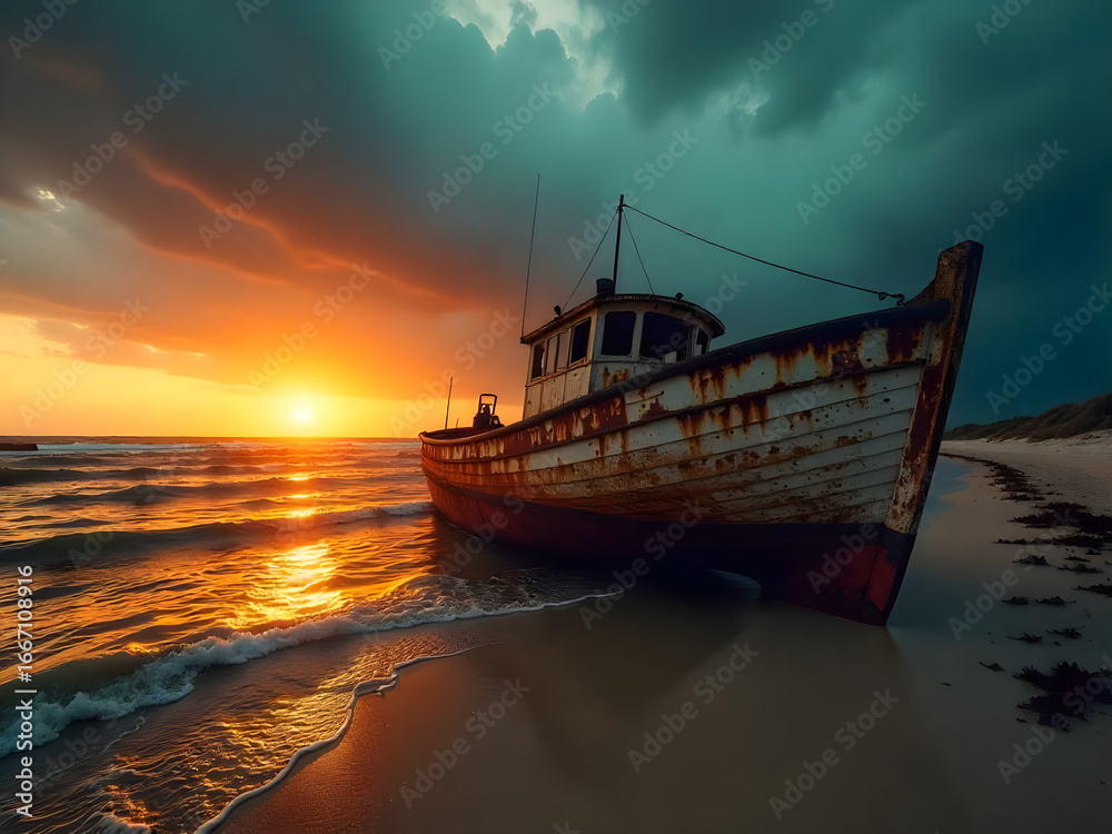 Obraz premium Old Fishing Boat on a Beach at a Dramatic Sunset