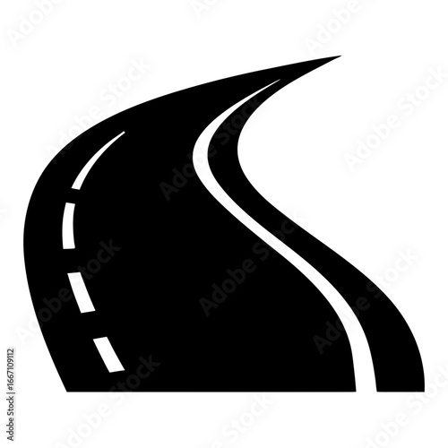 Simple black and white illustration of a winding road with dashed line