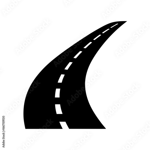 A winding road stretches forward with a dashed line divider in black and white