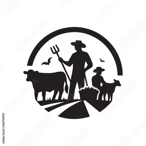 farmers cattle vector silhouette clip art logo design illustration