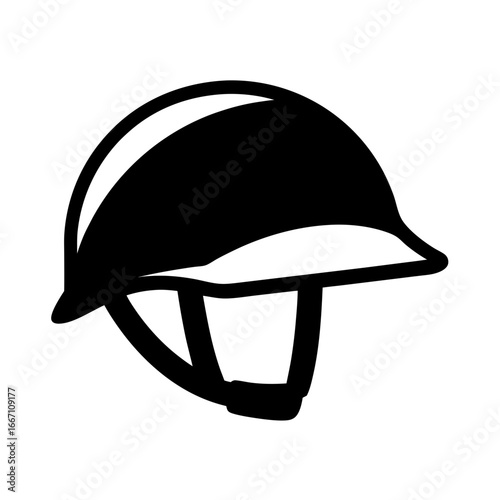 Iconic depiction of a black equestrian helmet with an adjustable strap