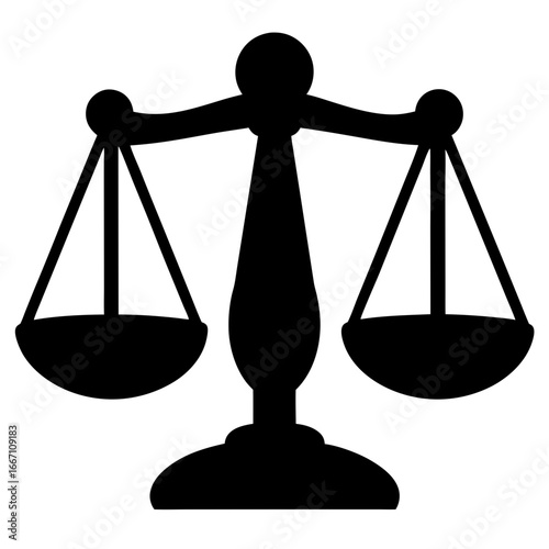 Black and white illustration of scales of justice with a balanced weight
