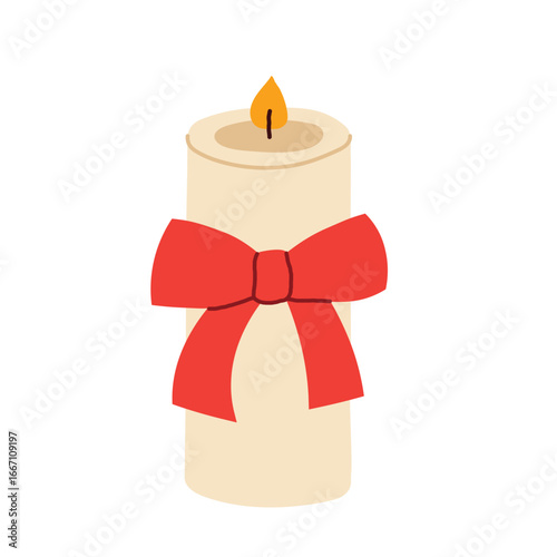candle with red ribbon; elegant wax candle tied with ribbon, glowing flame, festive holiday ornament, romantic and cozy home decor- vector illustration
