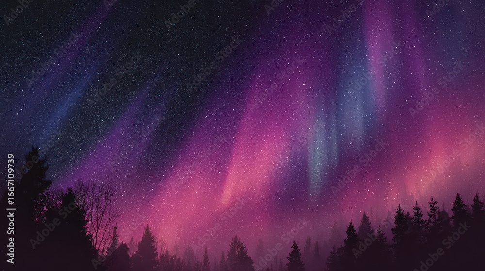 Fototapeta premium Aurora borealis over a silhouetted forest, vibrant purple and blue light