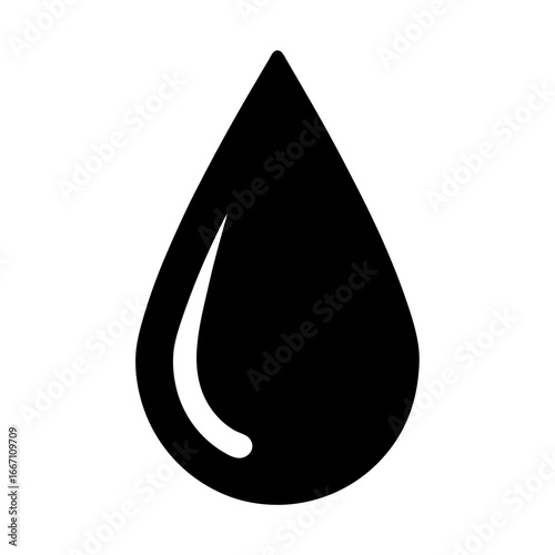 Stylized black water droplet with white reflection on a white background