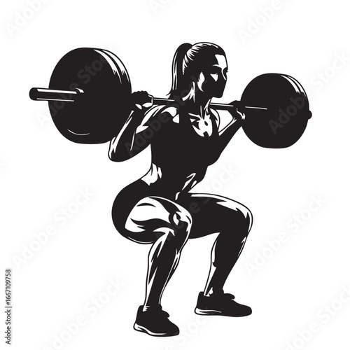 Strong Woman Powerlifting with Barbell Doing Squats Intense Fitness Workout Strength Training Exercise Silhouette Illustration Isolated on White Background