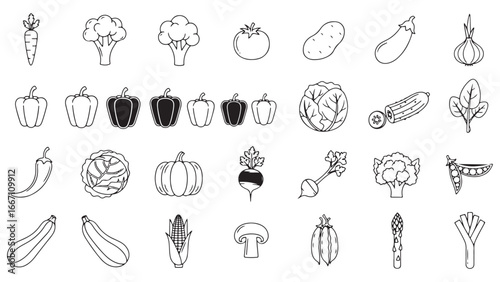 Vegetables line icon set. Vector pictograms of broccoli, potato, onion, garlic, lettuce, spinach, pepper, cucumber, pumpkin, turnip, celery, cabbage, mushroom, thin linear illustration.