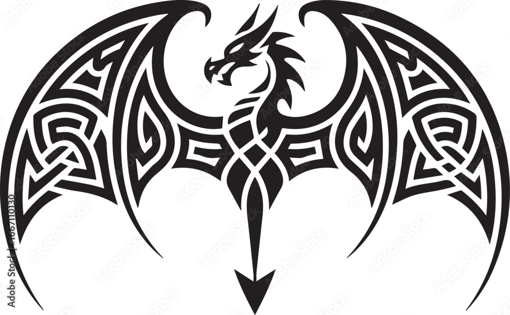 Obraz premium ornate celtic knot dragon logo vector emblem with symmetrical tribal wings heart silhouette