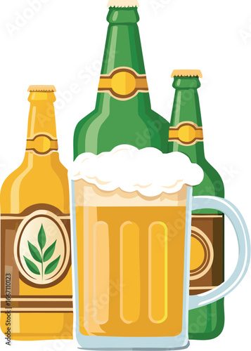 beer, glass, bottle, drink, alcohol, mug, beverage, cold, foam, lager, illustration, bar, ale, vector, liquid, pub, pint, object, patrick, party, art, green, design, st, clover