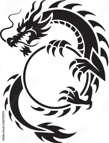 stylized tribal dragon vector in circular shape with jagged scales fierce design for emblem and logo