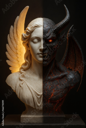 A dual sculpture: half angel with wings, half demon with horns and glowing eyes, symbolizing good versus evil in a monochromatic bust.