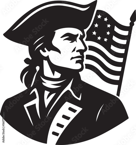 Revolutionary War Soldier with American Flag Iconic Black and White Illustration