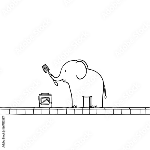 Cartoon elephant painting wall with paintbrush and paint can illustration drawing for kids coloring page art 101