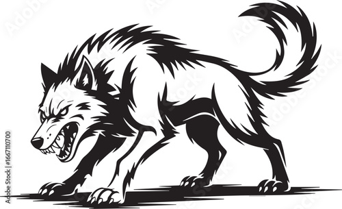 crouching snarling wolf vector illustration in black and white with jagged fur lines aggressive predator design