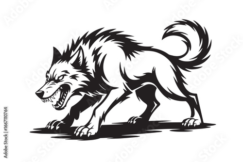 dynamic wolf snarling vector design black and white wild animal illustration perfect for digital art and logos