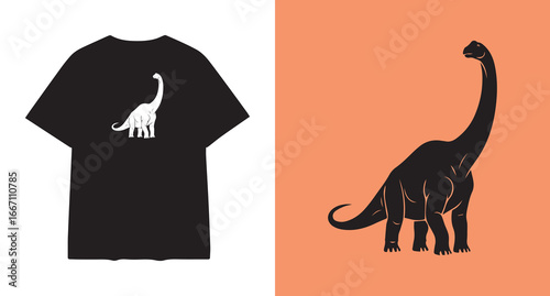 Cool dinosaur t-shirt design with a brontosaurus silhouette and a vibrant orange background