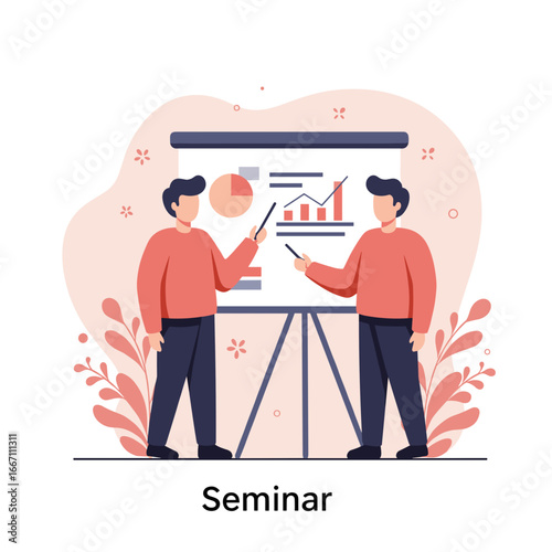 Two men presenting seminar on infographic chart in modern style  
