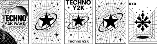 A set of five black and white abstract designs with a retro-futuristic, Y2K techno rave theme, featuring stars, geometric shapes, and distorted grid patterns, suitable for flyers or posters. Vector