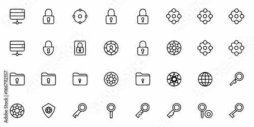 Security icons for data protection, featuring network, server, folder, key, lock, shield and globe elements, ideal for cybersecurity and privacy themes