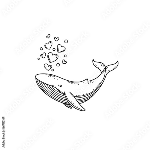 Whale with hearts drawing vector illustration for ocean wildlife and sea animal themed designs and coloring pages