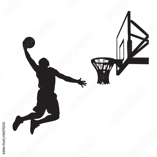 Basketball player silhouette in dynamic slam dunk action with hoop vector art athletic prowess and competitive spirit