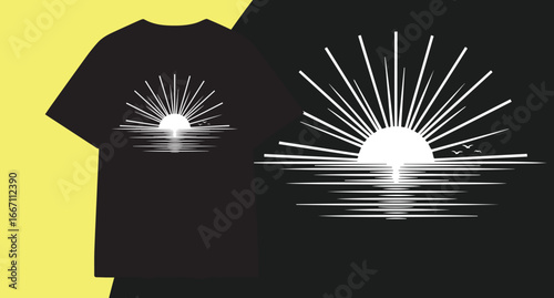Radiant sunrise over calm water reflecting vivid sunburst rays for apparel design