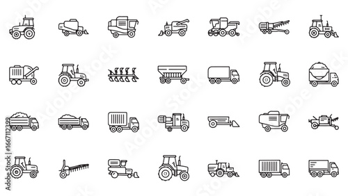 Vehicle agricultural forestry transport line icon set. Vector pictograms of skidder, trailer, irrigation, hose, seed, drill, grain, silage, fertilizer, livestock, thin linear illustration.
