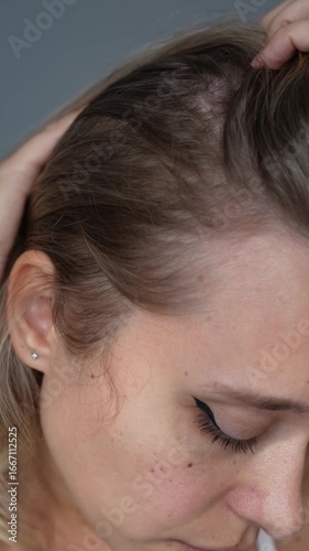 Vertical video of young blonde woman lifting her hair to reveal hairline and scalp. Concept of hair loss, alopecia, thinning hair, hair care and healthy scalp on light grey background
