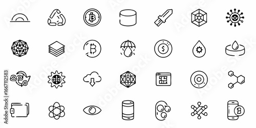Modern Icon Set for Technology and Finance Projects, Cryptocurrency Solutions, Blockchain, Cloud Services, Cyber Security, and Data Analytics, a Vector Set