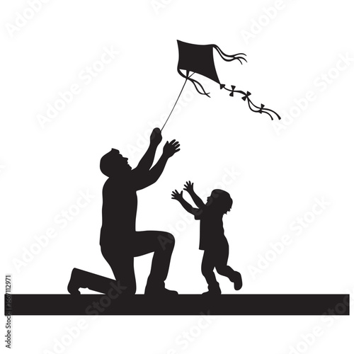Silhouette of a father and child flying a kite together creating joyful memories outdoors on a sunny day