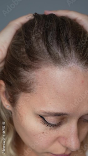 Vertical video of young blonde woman showing receding hairline on her forehead and temples pushing hair back with her hand. Hair care. A girl demonstrating a healthy scalp and the absence of dandruff